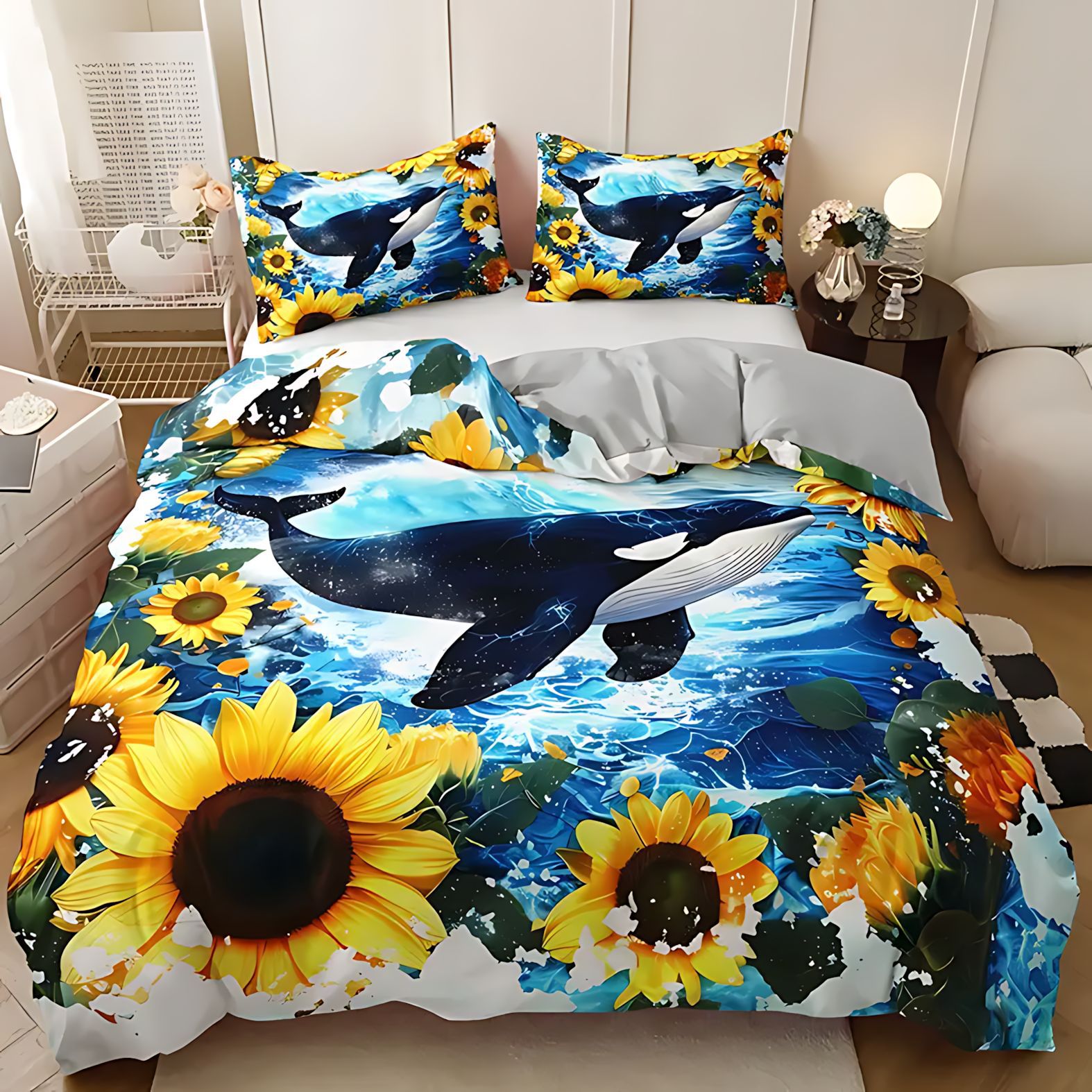 TEMU / JIT girasol tema marino set edredón transfronterizo molido edredón de impresión digital se puede diseñar