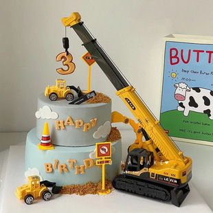 Crane Road Sign Cake Decoration Ornaments Plug-In Excavator Engineering Vehicle Set Kidsren's Boy Dessert Table Gift