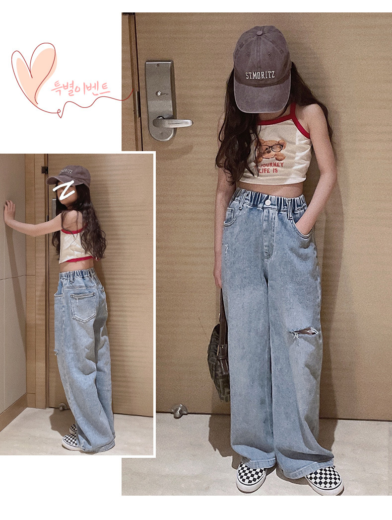 Neue Frühjahr Mädchen Kleidung Kinder Gerade Ripped Loch Lose Jeans Elastische Taille Hose Kind Teen Denim Breite Bein Hosen frühlen – Detail 3