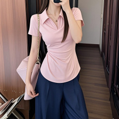 【爆款大码女装】显瘦V领褶皱收腰T恤女夏温柔高级感显白上