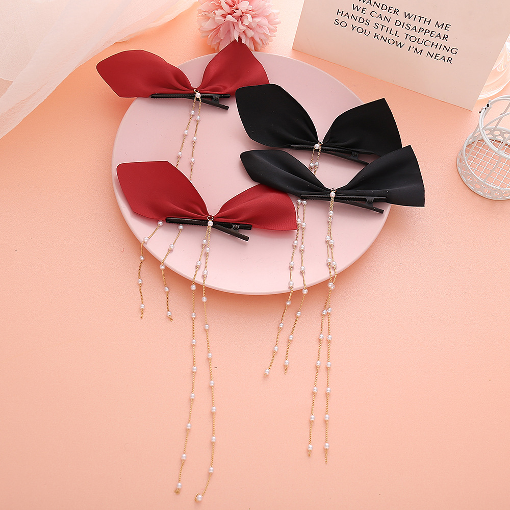 Pearl Tassel Flannel Bow Hairpin 2 Pieces Wholesale Jewelry Nihaojewelry display picture 6