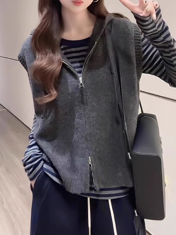 Fashionable Loose Layered Hooded Knitted Vest Cardigan Knitwear for Women Plus Size Fat mm Early Autumn Knitted Knitwear Top