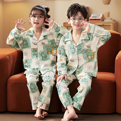 A set of pajamas for a family of three or four, suitable for spring and autumn, long-sleeved, pure cotton, for baby boys, children, father and son, home wear.