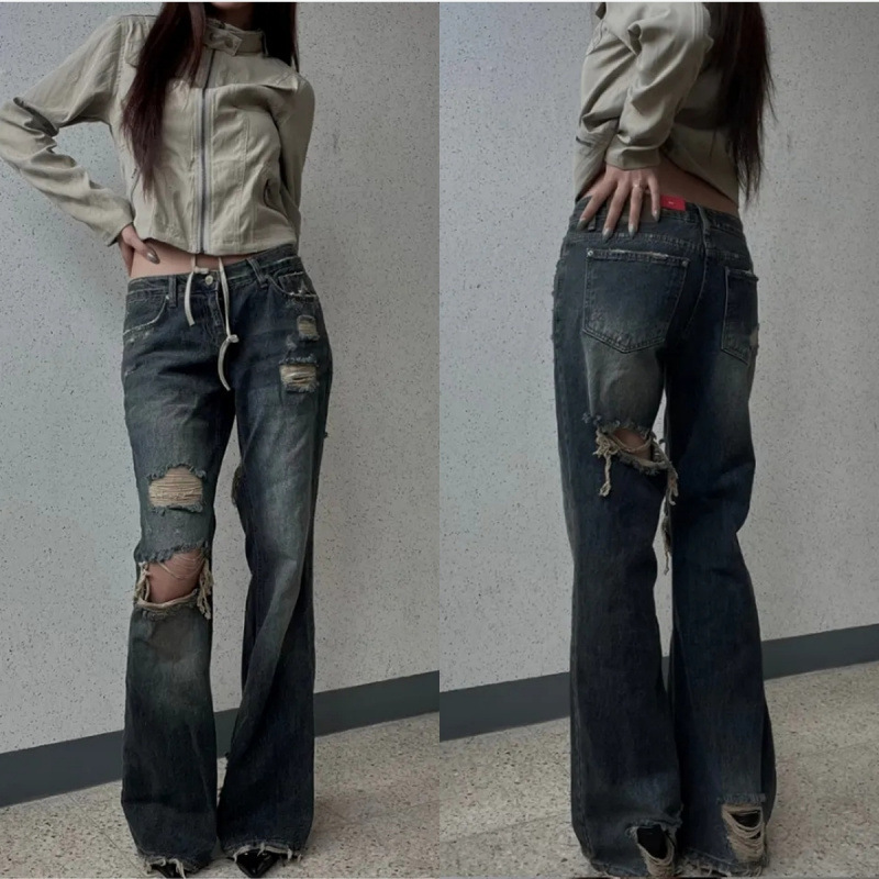 Korean-style casual, loose-fitting, distressed, frayed-hem, slightly flared denim pants