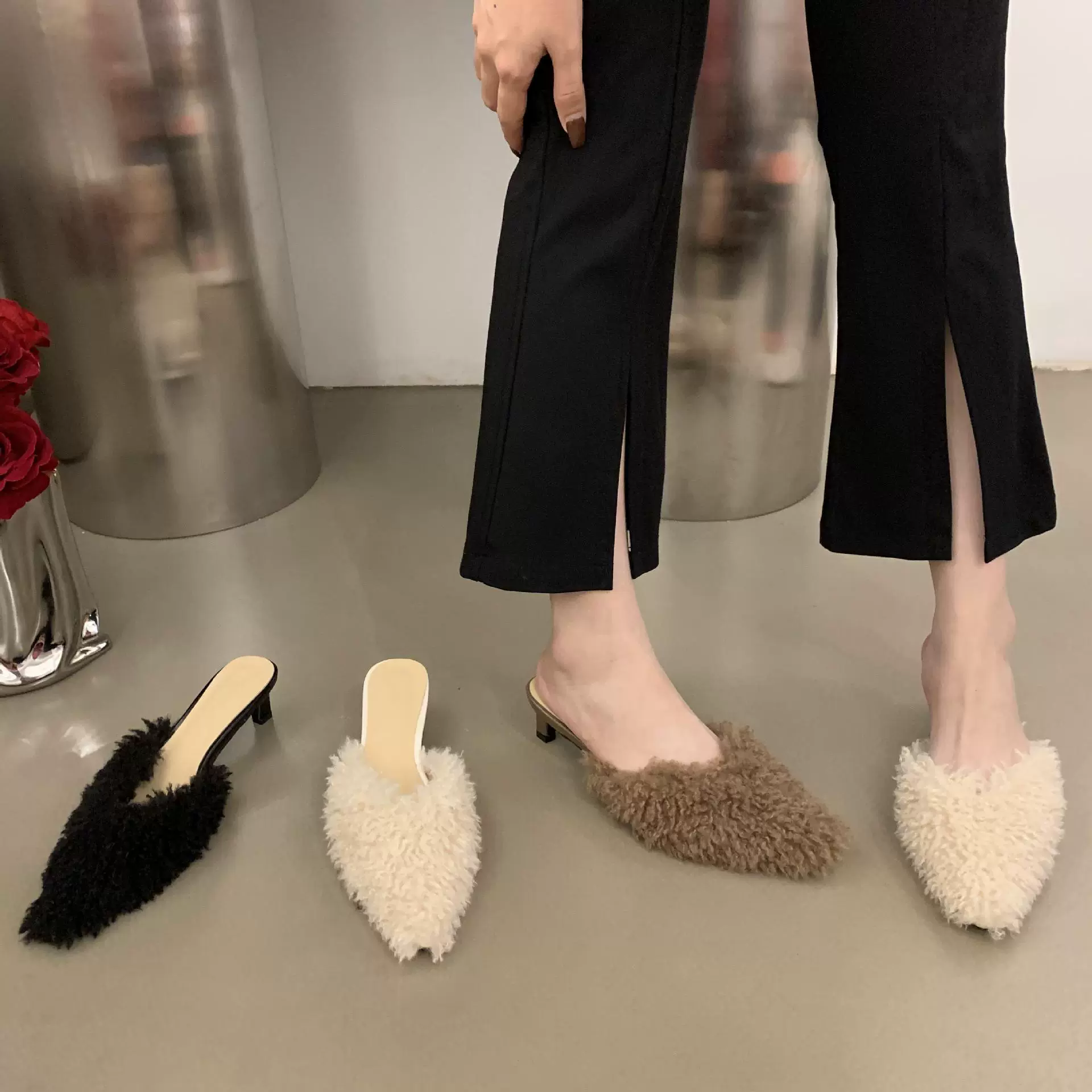 设计感小众气质尖头毛毛半拖法式高跟鞋毛毛鞋秋冬外穿女鞋子拖鞋