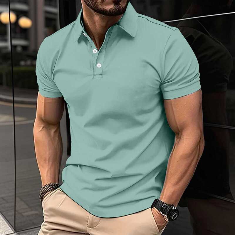 Amazon Cross-Border Men's Casual Tops Pure Color Button Short-Sleeved T-Shirt Double-Sided Pique Breathable Polo Shirt for Men
