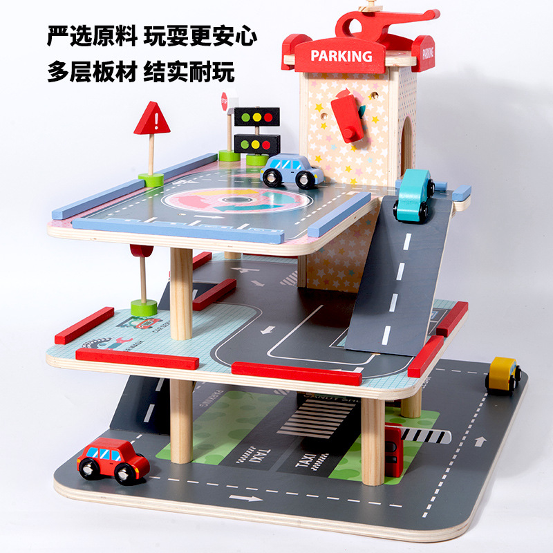 Juguetes de elevación de aviones de tres pisos de automóviles ensamblados de madera infantil