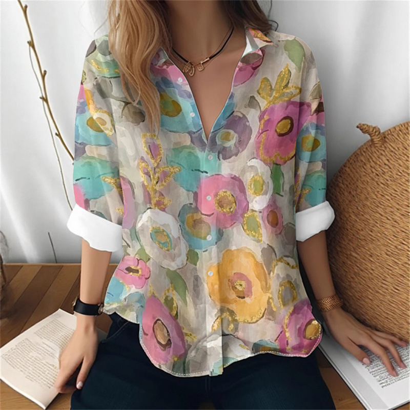 Cat-Themed Cross-Border Amazon European and American Women's 3D Printed Floral Pattern Long-Sleeve Shirt, Fashionable Top for Women Cat-Themed Cross-Border Amazon European and American Women's 3D Printed Floral Pattern Long-Sleeve Shirt, Fashionable Top for Women