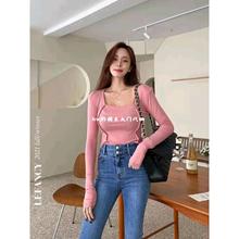 韩国东大门代购21早秋季女纯色方领垫肩纯色修身长袖T恤打底衫