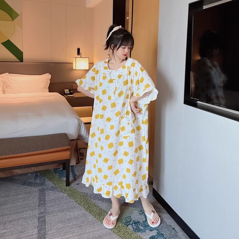 Fat Summer Cartoon Short-Sleeved Nightgown for Women, Long, Large Size, Loose-Fitting Maternity Pajamas, Cute Home Clothes Fat Summer Cartoon Short-Sleeved Nightgown for Women, Long, Large Size, Loose-Fitting Maternity Pajamas, Cute Home Clothes