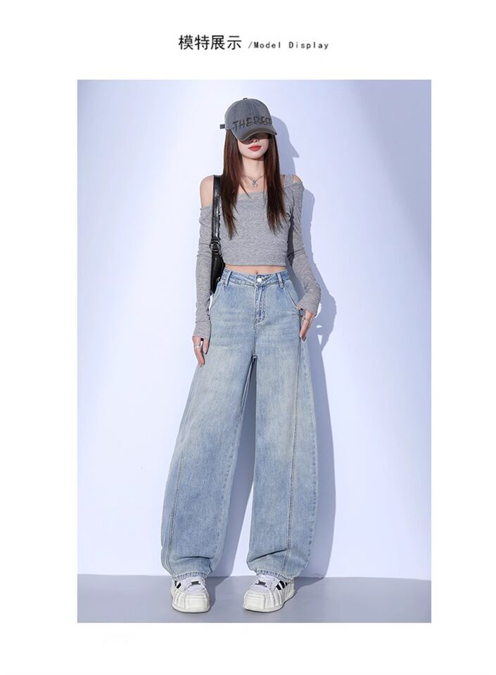 Quần jean nữ cạp cao ống đứng ống rộng phong cách giản dị mùa thu — Quần crop màu xanh nhạt dành cho chiều cao dưới 158cm., Màu xanh nhạt, được khuyên dùng cho chiều cao từ 164cm (5'4") trở lên., Quần màu xanh nhạt khuyến nghị 158-164cm chi tiết 4