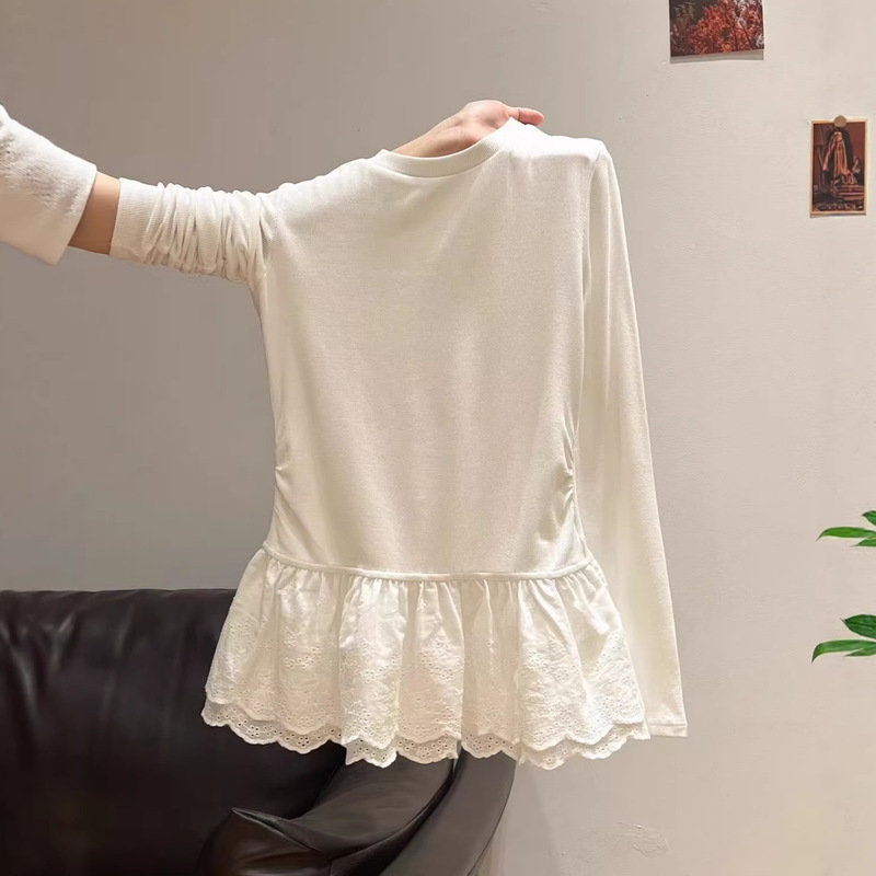 Korean-Style White Ballet-Style Lace-Trimmed Long-Sleeve T-Shirt for Women, Autumn and Winter Thermal Base Layer Top Korean-Style White Ballet-Style Lace-Trimmed Long-Sleeve T-Shirt for Women, Autumn and Winter Thermal Base Layer Top