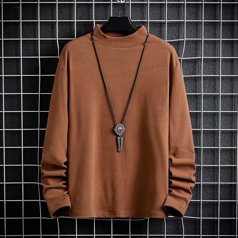 세미 하이 칼라 베이스 셔츠 남자의 가을과 겨울 기모 두꺼운 따뜻한 긴팔 티셔츠 단색 티셔츠 내부 탑