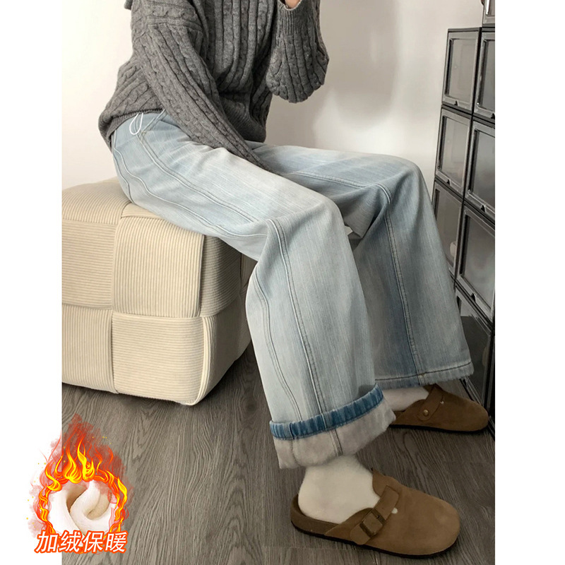 2025 Maternity Denim Winter Korean Style Distressed Light Blue Retro Denim Maternity Trousers Plus Velvet
