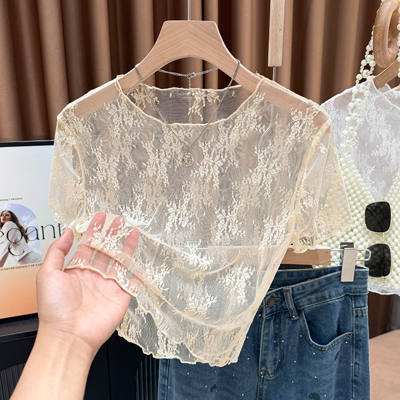 Lace-Trimmed Hollow-Out Short-Sleeve T-Shirt for Women, Paired with a Slip Dress and Anti-Exposure Short Ice Silk Mesh Top Lace-Trimmed Hollow-Out Short-Sleeve T-Shirt for Women, Paired with a Slip Dress and Anti-Exposure Short Ice Silk Mesh Top