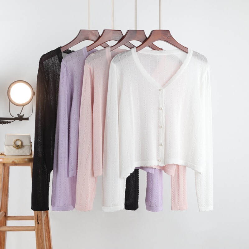 V-Neck Ice Silk Knit Cardigan for Women, Thin Summer 2025 New Style, Slim-Fit White Sun-Protective Long-Sleeve Short Top