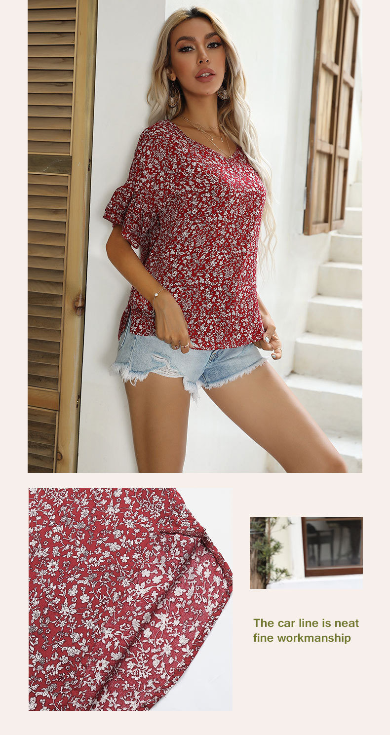 Floral V-neck Loose Red Pullover Short Sleeve Shirt_voghion.com