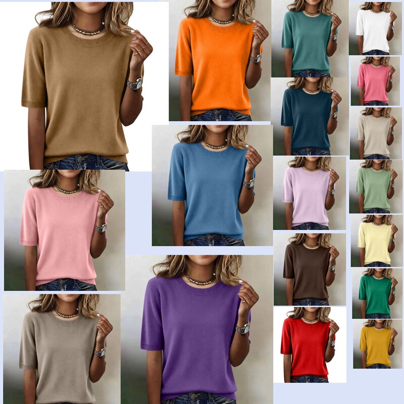 European and American Style Amazon Aliexpress Cross-Border Spring and Summer New Knit Sweater Casual Comfortable Solid Color Crew Neck Short Sleeve