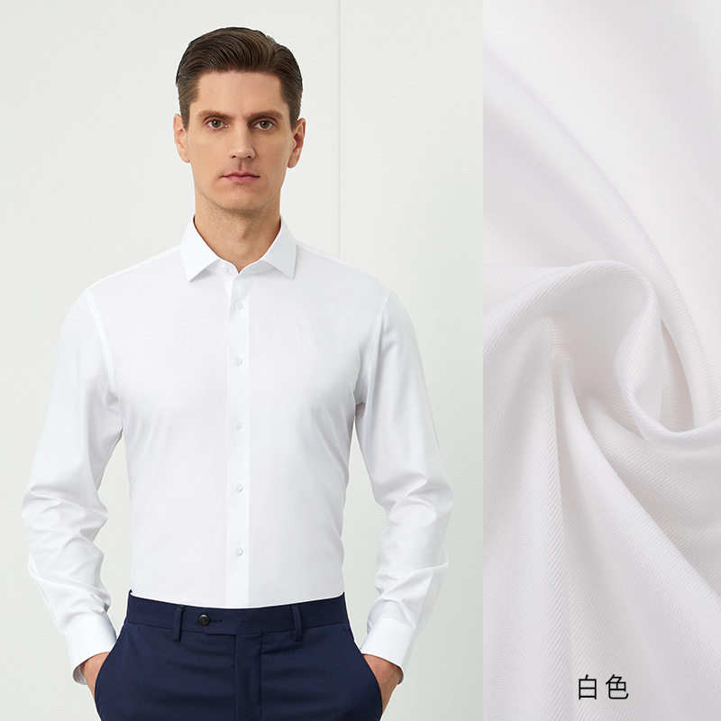 Áo sơ mi nam dài tay pha lụa tơ tằm 13,7% chống nhăn cao cấp — Trắng dài tay nam cổ vuông