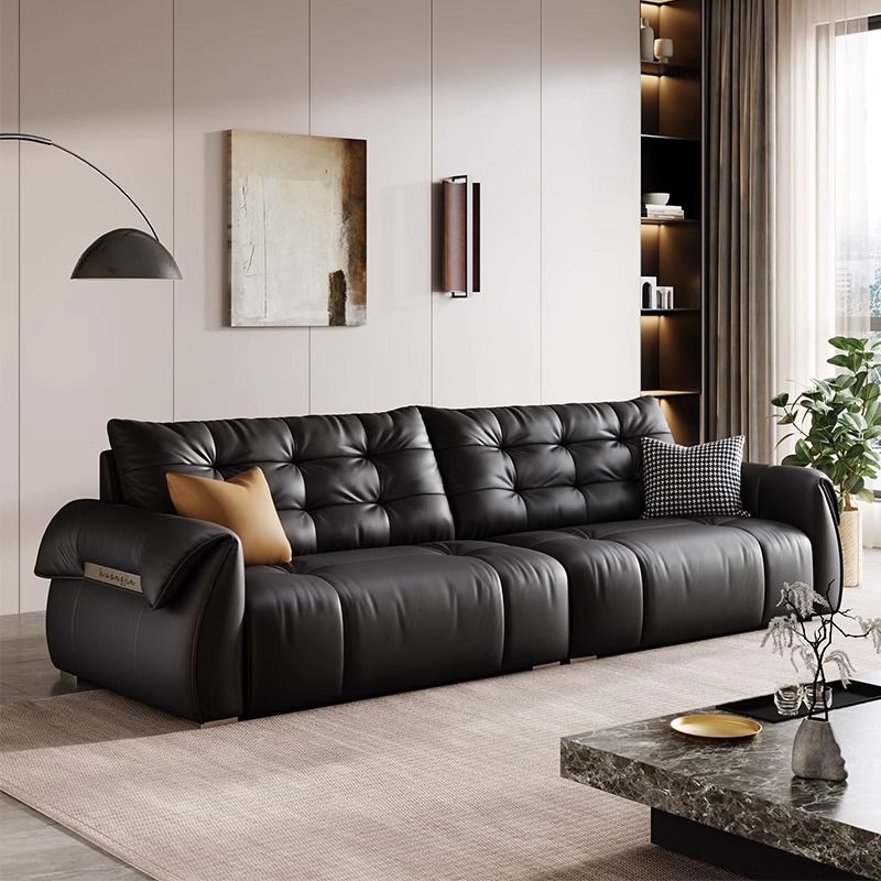Sofá de cuero de cisne italiano minimalista retro negro cabeza de cuero de vaca sala de estar línea recta combinación de estilo medieval lujoso