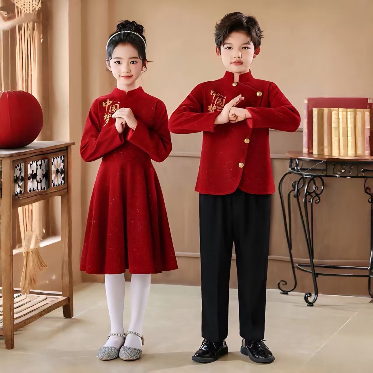元旦儿童合唱演出服小学生中国风红色爱国演讲比赛朗诵表演服装