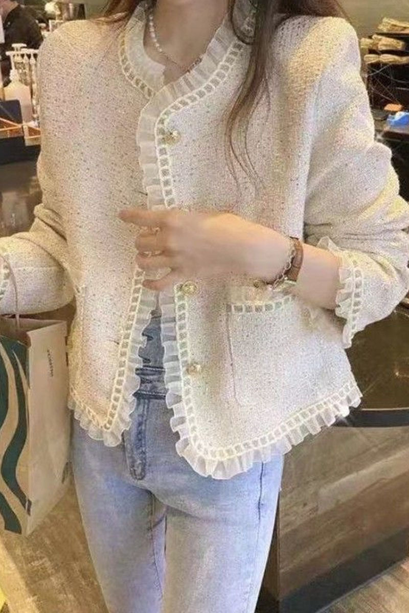 Celebrity Style Short Jacket for Women Autumn and Spring Retro Mesh Splicing Tweed Top