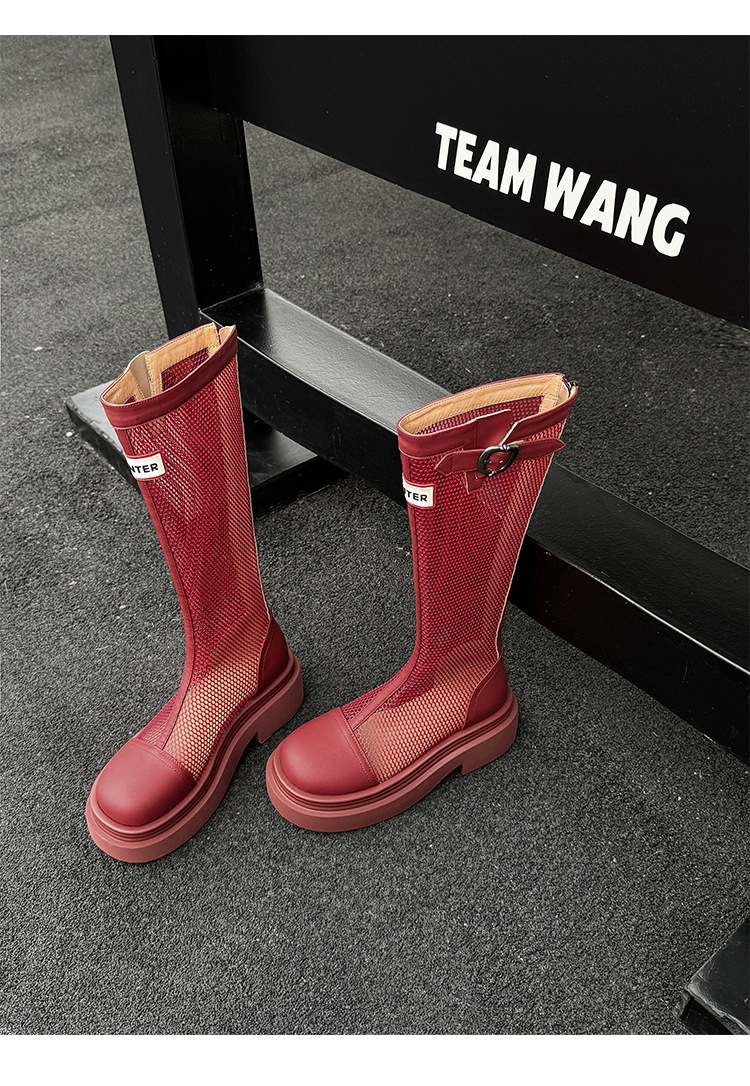 Boot nữ cổ cao ôm bắp chân đế dày gót vuông phong cách lưới thoáng khí — Ống rộng đen, Ống tiêu chuẩn đỏ, Ống tiêu chuẩn đen, Ống rộng đỏ chi tiết 11