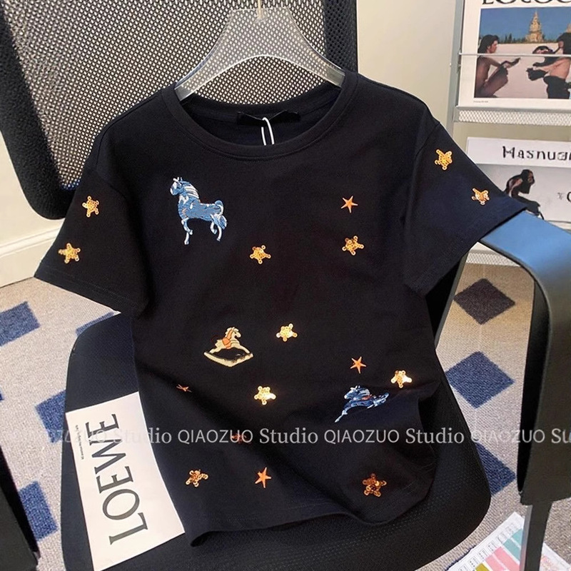 American Heavy Embroidery Short-Sleeved T-Shirt for Women Summer 2025 New Loose Lazy Style Pure Cotton Half-Sleeved Versatile Top