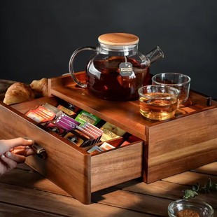 New Wooden Tea Bag Storage Box Drawer-Type Tea Set Storage Rack Divided Tea Bag Coffee Capsule Storage Box Storage