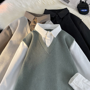 Fake two-piece knitted shirt men's autumn and winter fleece-lined thickened casual shirt autumn coat spring and autumn college style top