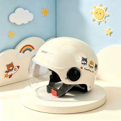 3C certified electric battery children's helmet, ultra-light helmet for kids aged 3-10, summer motorcycle safety half helmet (Dəbilqə (Kaska) aksesuarları) - khaki-colored-short-white-lenses-one-size-fits-all