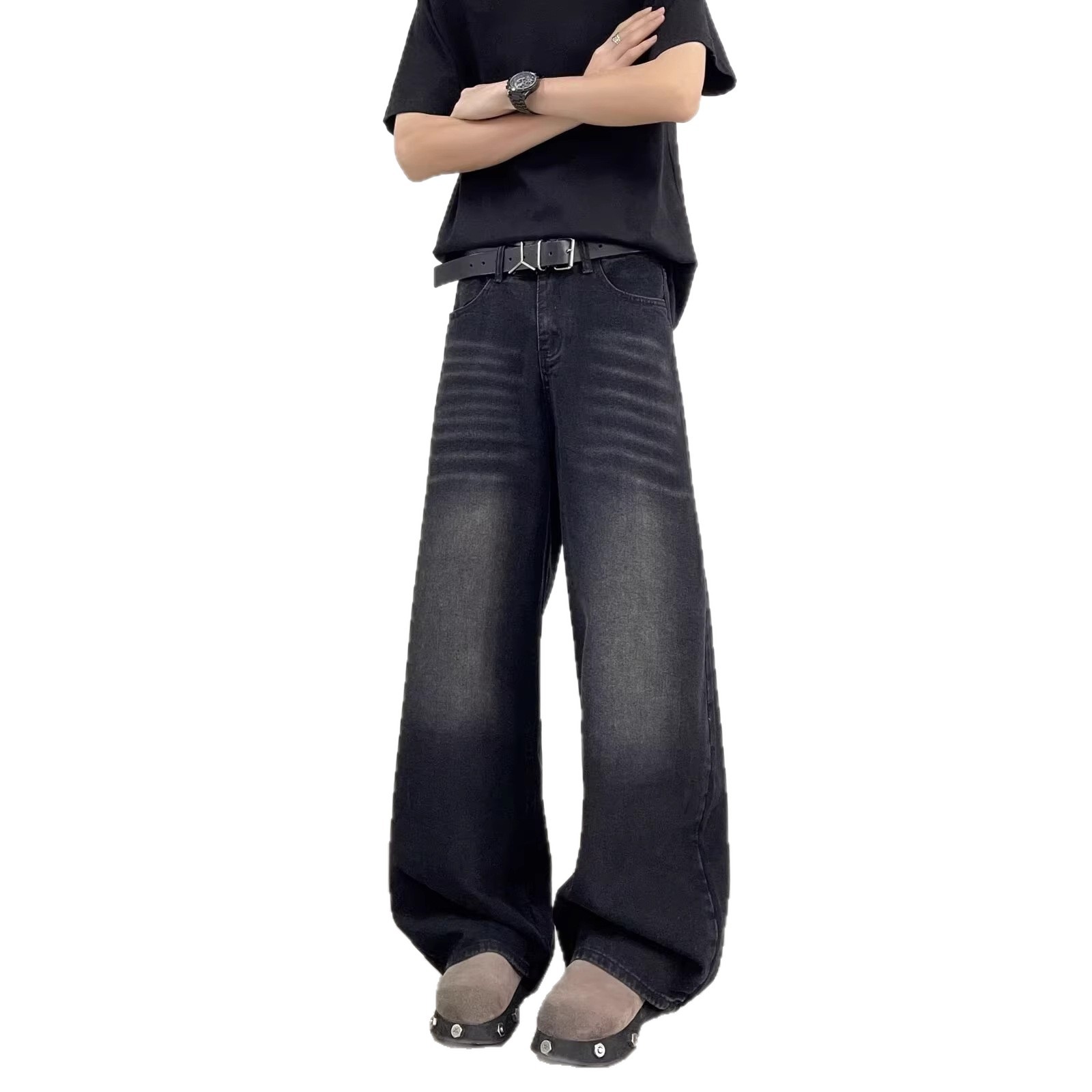 Men's American Vintage Black Saber-Cut Jeans – High Street Drop-Crotch Wide Leg Pants (S-3XL, Heavyweight Washed Denim)_mkmklike.com