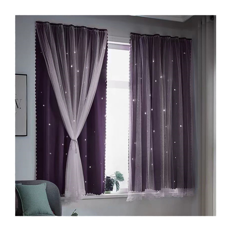 Moderno minimalista estrella doble sombra de tela de encaje cortina de dormitorio balcón hueco estrella cortina terminada