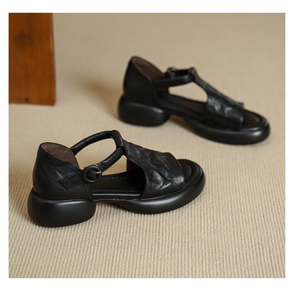 Sandal nữ da cừu mềm đế dày hở mũi, quai chữ T, gót thấp 3 cm, dán ma thuật — Vàng nâu chi tiết 12