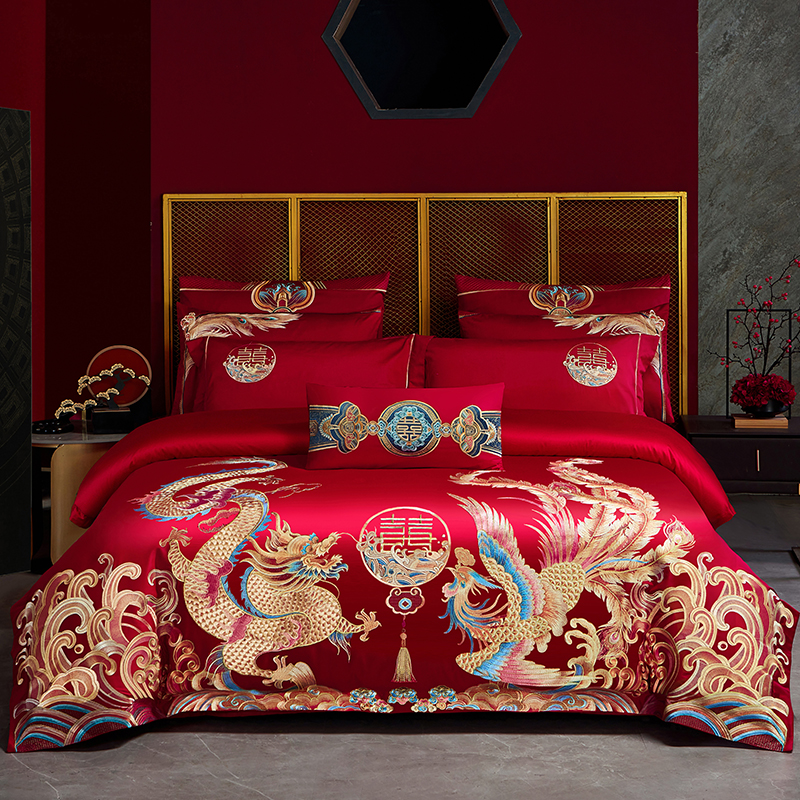 120-Count Wedding Four-Piece Set of Bright Red Long-Staple Cotton Dragon and Phoenix Embroider Wedding Pure Cotton Quilt Bedding 4