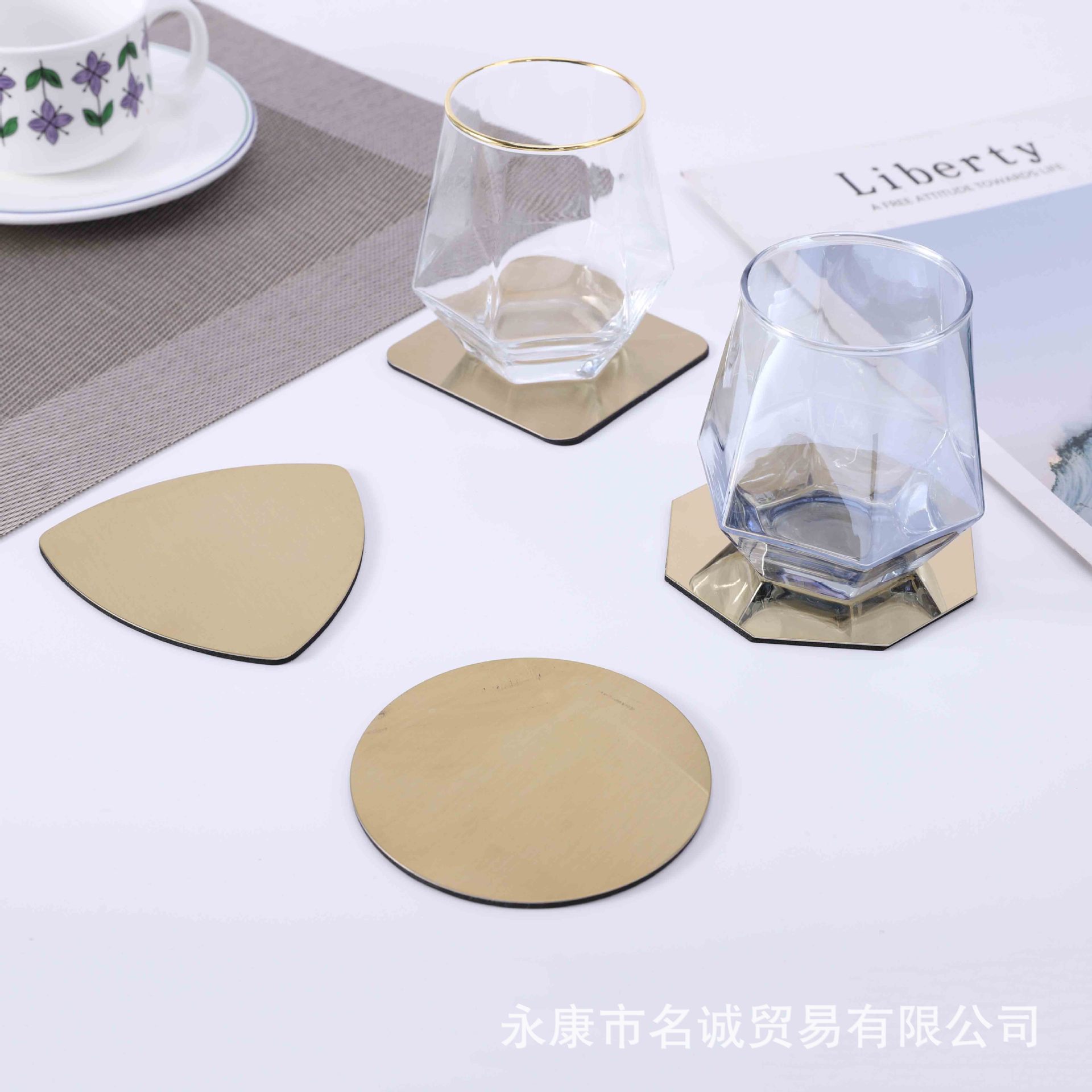 ins北欧风金色不锈钢杯垫咖啡厅防滑隔热杯子垫几何茶杯垫批发