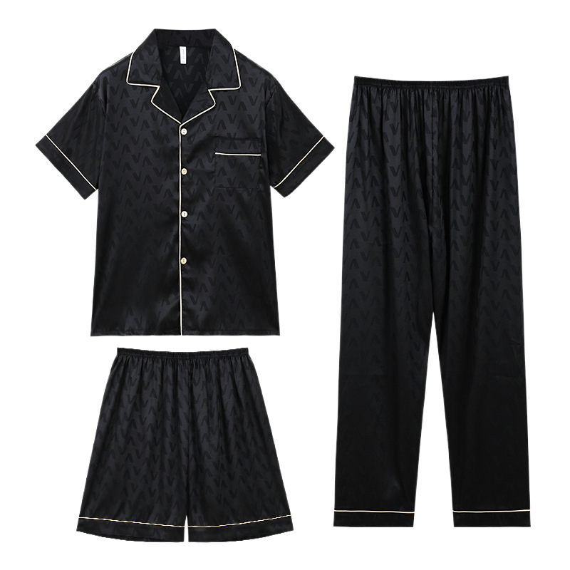 De alto grado jacquard carta pijamas de verano de los hombres traje de tres piezas pantalones cortos de manga corta de seda de hielo juventud ropa de casa de seda real