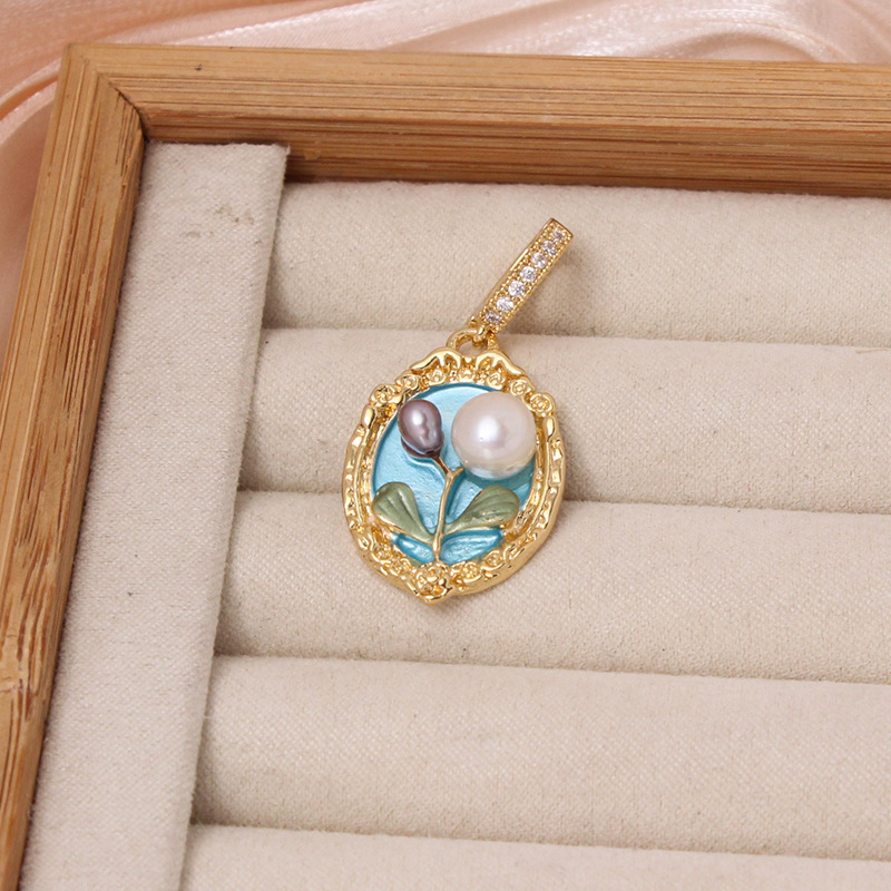 6g Weight Pendant Jewelry Making Type DIY Ornament Accessories Classification 1 Piece Quantity Freshwater Pearl, Copper Material Flower Pattern All Seasons Season Enamel Design Chinoiserie, Classical Style 1 Piece Freshwater Pearl Copper Flower Pendant 9