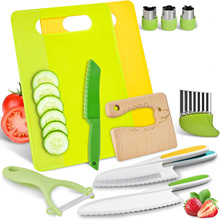 工厂直发亚马逊同款12件套儿童塑料刀菜板早教不伤手安全刀具套装