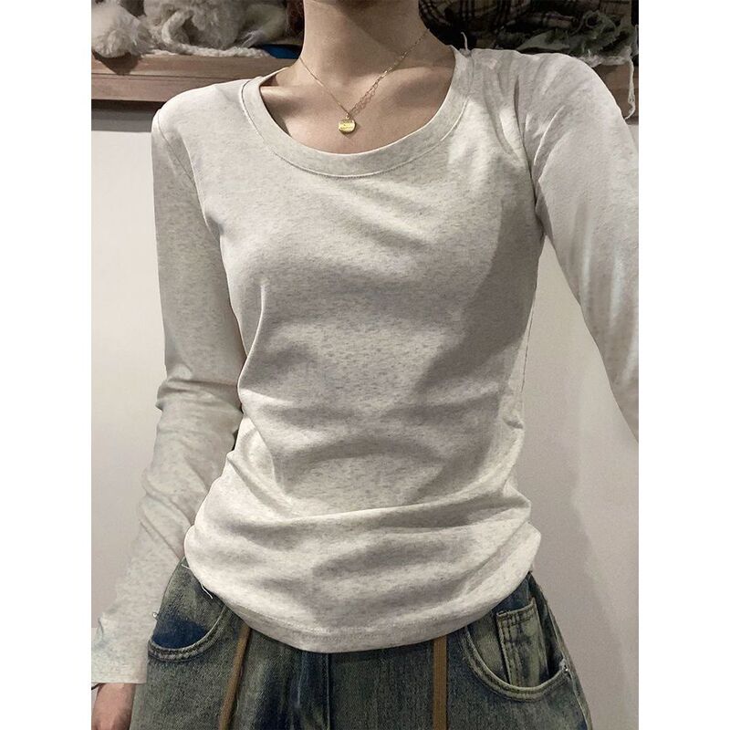 Spring and Summer New Round Neck Right Shoulder Long-Sleeved T-Shirt Women's Cotton Inner Low-Neck Threaded Slim Slimming Look Top Bottoming Shirt