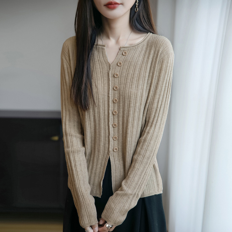 2025秋季新款长袖开叉女士针织衫显瘦气质上衣毛衣打底衫女A7136|undefined