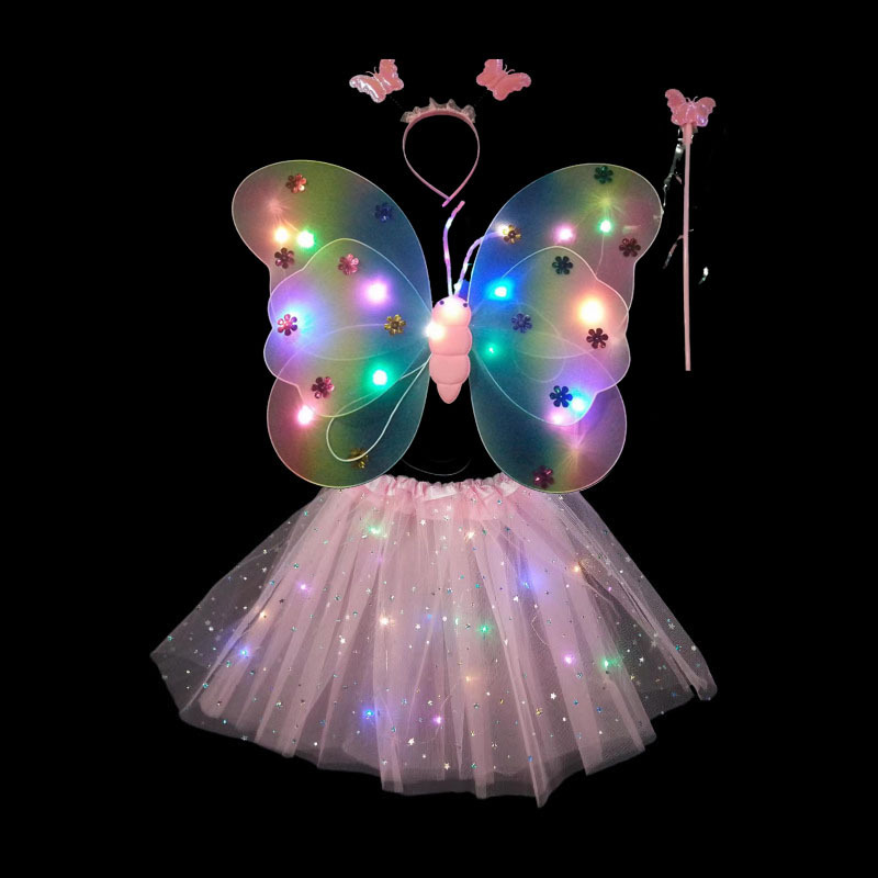 Alas de mariposa luminosa de dos capas con alas de lámpara de tres piezas conjuntos de espaldas accesorios de rendimiento de juguetes pequeños
