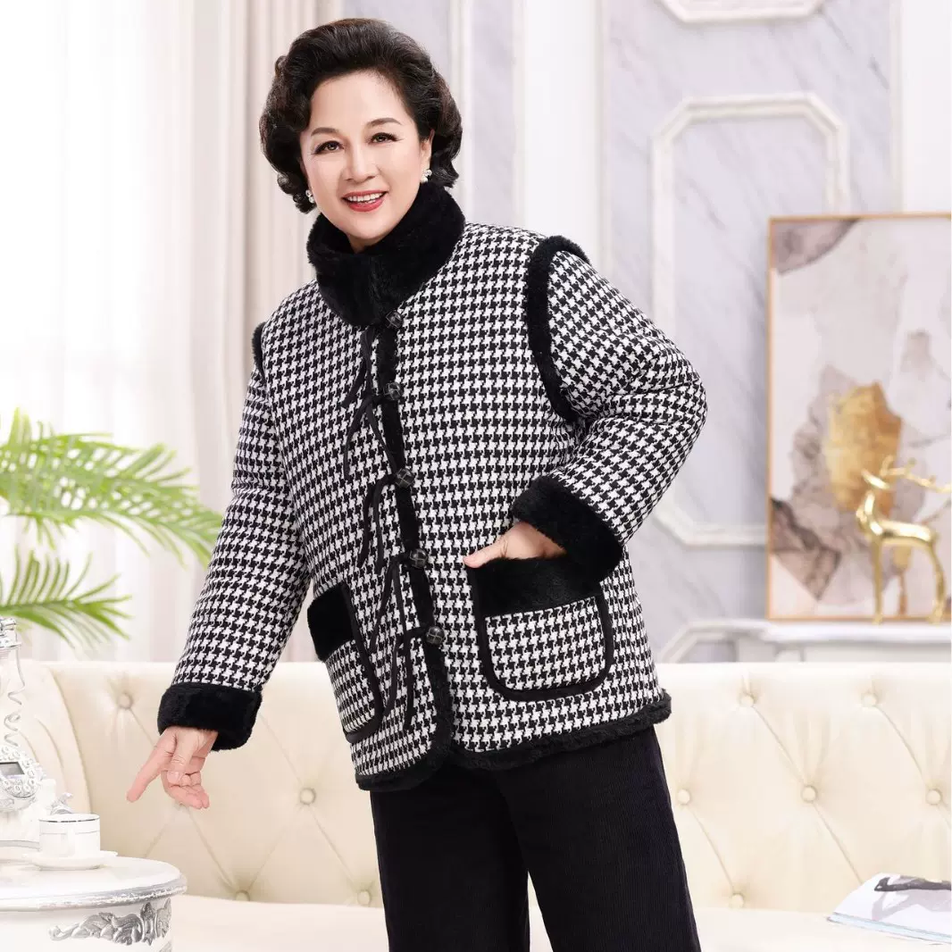 秋冬季三层夹棉睡衣女士格子加厚中年妈妈装北极绒加绒保暖套装