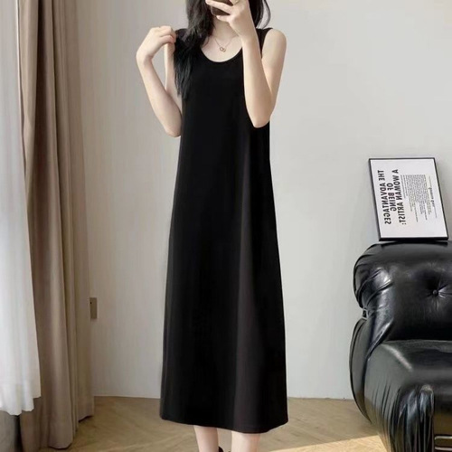 Black Tank Top Sheath Dress, Slimming Body, 2025 Spring Medium Length Top-Tease Basic Dress, Stylish