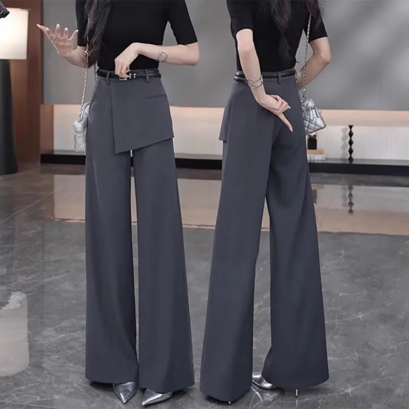 灰色假两件休闲裤女2025秋季新款腰带优雅气质显瘦直筒西装裤子女|undefined