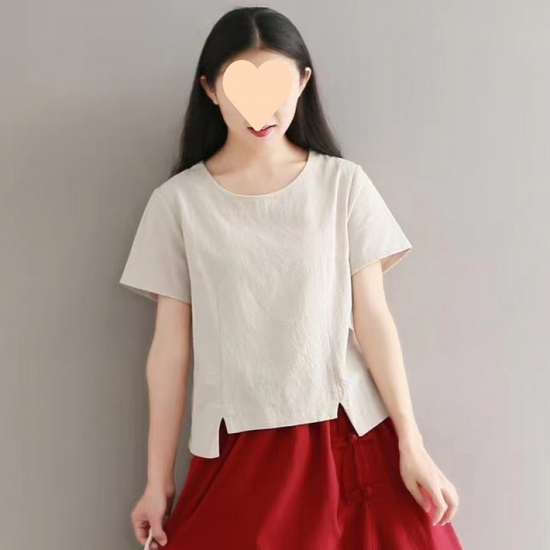 2025年夏季新款复古修身棉麻短款上衣文艺范短袖亚麻纯色恤女装