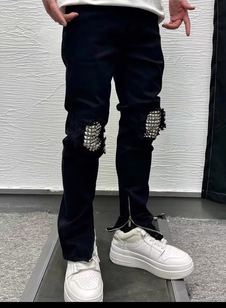 Men's Rivet Slim Fit Jeans Trendy Brand Black With Split Cuffs And Zipper Design Versatile Casual Stretch Skinny Long_viptrois.com