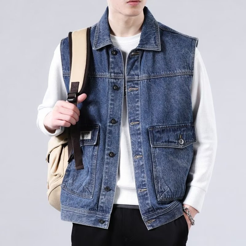 Trendy Brand Denim Vest Jacket for Men, Spring and Autumn New Fashion Versatile Loose Sleeveless Work Jacket