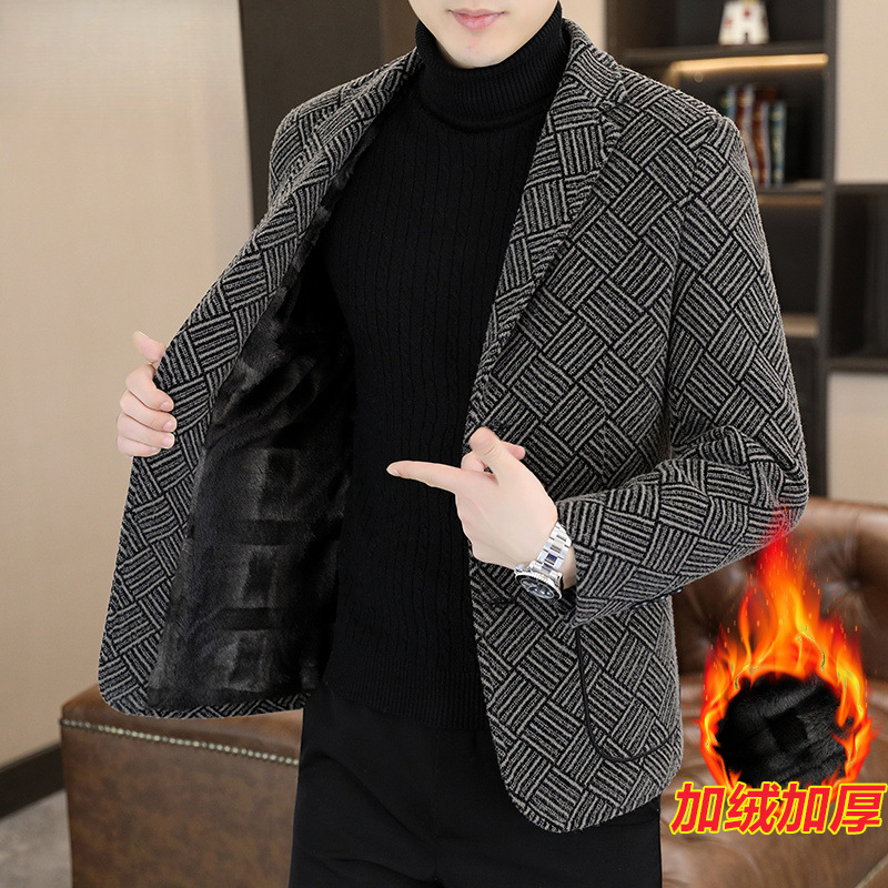 Autumn and Winter Suit Woolen Outwear Men's Short Woolen Outwear Fleece-Lined Thickeneded Warm Suit Top
