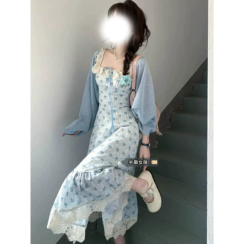 Французское кружевное платье больших размеров, костюм больших размеров, женский летний солнцезащитный кардиган, милый стиль, длинная юбка для похудения